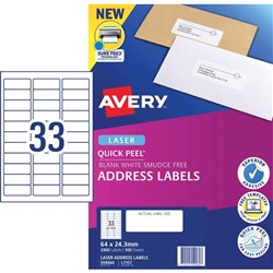Avery Quick Peel Address Laser Labels L7157 64x24.3mm White 3300 Labels, 100 Sheets