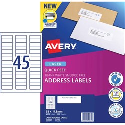 Avery Quick Peel Address Laser Labels L7156 58x17.8mm White 4500 Labels, 100 Sheets