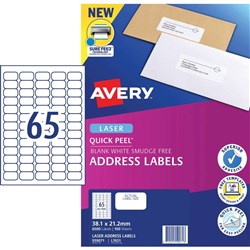 Avery Quick Peel Address Laser Labels L7651 38.1x21.2mm White 6500 Labels, 100 Sheets