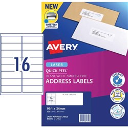 Avery Quick Peel Address Laser Labels L7162 99.1x34mm White 320 Labels, 20 Sheets