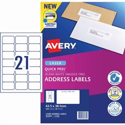 Avery Quick Peel Address Laser Labels L7160 63.5x38.1mm White 420 Labels, 20 Sheets