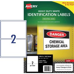 Avery Heavy Duty Laser Labels L7068 199.6x143.5mm White 2UP, 25 Sheets