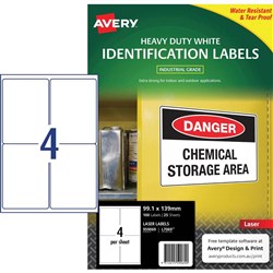 Avery Heavy Duty Laser Labels L7069 99.1x139mm White 4UP, 25 Sheets