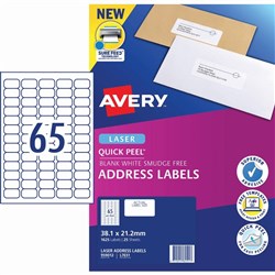 Avery Quick Peel Address Laser Labels L7651 38.1x21.2mm White 1625 Labels, 25 Sheets