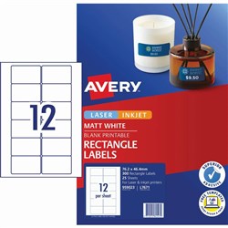 Avery Multi-Purpose Laser & Inkjet Labels L7671 76.2x46.4 White 12UP, 25 Sheets