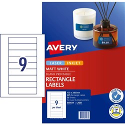 Avery Multi-Purpose Laser & Inkjet Labels L7667 133x29.61m White 9UP, 25 Sheets