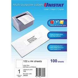 Unistat Multi-Purpose Labels 1UP 297x210mm Box of 100