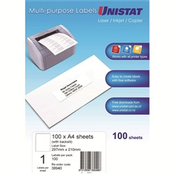 Unistat Laser Multi Purpose Labels 297x210mm Back Slit White 1UP, 100 sheet