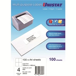Unistat Laser Multi Purpose Labels 105x148mm White 4UP, 100 sheet