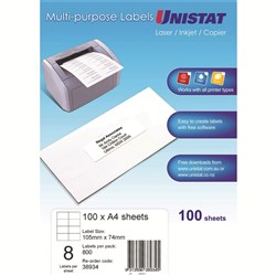 Unistat Laser Multi Purpose Labels 105x74mm White 8UP, 100 sheet
