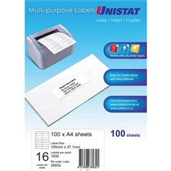 Unistat Laser Multi Purpose Labels 105x37mm White 16UP, 100 sheet