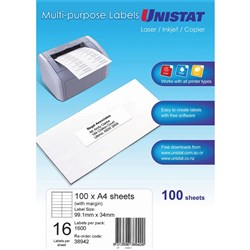 Unistat Laser Multi Purpose Labels 99x38mm with Margin White 12UP, 100 Sheet