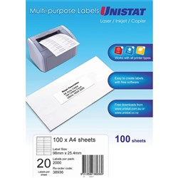 Unistat Laser Multi Purpose Labels 98x25.4mm White 20UP, 100 sheet