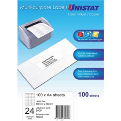 Unistat Laser Multi Purpose Labels 70x36mm White 24UP, 100 sheet
