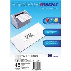 Unistat Laser Multi Purpose Labels 51x15mm White 45UP, 100 sheet