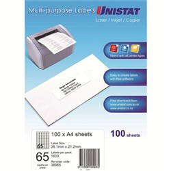 Unistat Laser Multi Purpose Labels 38.1x21.2mm White 65UP, 100 sheet