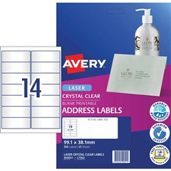Avery Quick Peel Address Laser Labels L7563 99.1x38mm Crystal Clear 350 Labels, 25 Sheets
