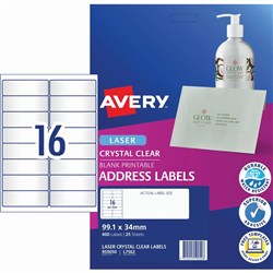 Avery Quick Peel Address Laser Labels L7562 99.1x33.9 Crystal Clear 400 Labels, 25 Sheets