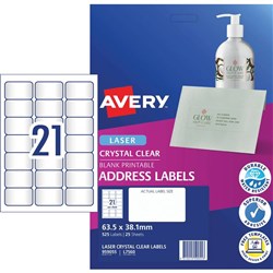 Avery Quick Peel Address Laser Labels L7560 63.5x38.1 Crystal Clear 525 Labels, 25 Sheets