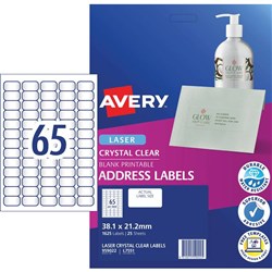 Avery Quick Peel Address Laser Labels L7560 38.1x21.2 Crystal Clear 1625 Labels, 25 Sheets