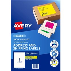 Avery High Visibility Shipping Laser Labels L7167FY 199.6x289 Yellow 25 Labels, 25 Sheets