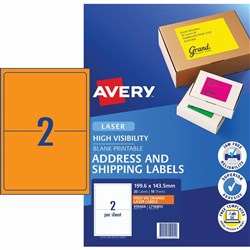 Avery High Visibility Shipping Laser Labels L7168FO 199.6x 143.5 Orange 20 Label 10 Sheet