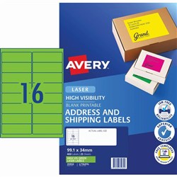 Avery High Visibility Shipping Laser Label L7162FG 199.1x34mm Fluoro Green 16UP, 25 Sheet