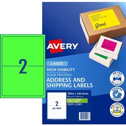 Avery High Visibility Shipping Laser Labels L7168FG 199.6x 143.5 Green 20 Label 10 Sheets