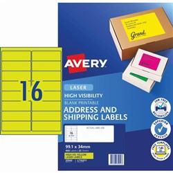 Avery High Visibility Shipping Laser Labels L7162FY 99.1x34mm Fluoro Yellow 16, UP 25Sheet