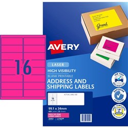 Avery High Visibility Shipping Laser Label L7162FP  99.1x34mm Fluoro Pink 16 UP 25 Sheet