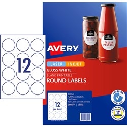 Avery Multi-Purpose Labels 12UP 60mm Round Gloss White Pack of 10 Sheets