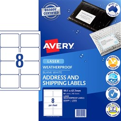 Avery Weatherproof Shipping Laser Labels L70707 99.1x67mm White 8UP, 10 Sheets