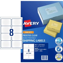 Avery Shipping Inkjet Labels J8565 99.1x67.7mm Frosted Clear 200 Labels, 25 Sheets