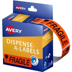 Avery Removable Dispenser Labels 19x64mm Fragile Black On Fluoro Red Pack of 125
