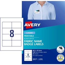Avery Fabric Name Badge Laser Labels L7418 86.5x55.5mm 120 Labels, 15 Sheets