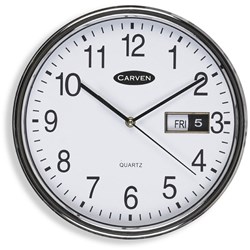 Carven Wall Clock 285mm Diam With Date Silver Frame