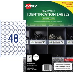 Avery Heavy Duty Removable Laser Labels L4716 30mm Round White 48UP, 20 Sheets