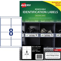 Avery Heavy Duty Removable Laser Labels L4715 99.1x67.7mm White 8UP, 20 Sheets