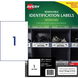 Avery Heavy Duty Removable Laser Labels L4775 208x295mm White 1UP, 20 Sheets