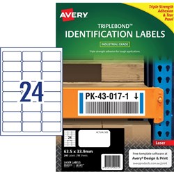 Avery TripleBond Laser Labels L6141 63.5x33.9mm White 24UP, 10 Sheets