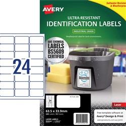 Avery Ultra-Resistant Chemical Grade Laser Labels L7912 63.5x 33.9 White 24UP, 10 Sheet