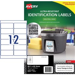 Avery Ultra-Resistant Chemical Grade Laser Labels L7913 99.1x 42.3 White 12UP, 10 Sheet