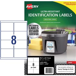 Avery Ultra-Resistant Chemical Grade Laser Labels L7914 99.1x 67.7White 8UP, 10 Sheets