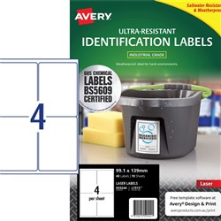 Avery Ultra-Resistant Chemical Grade Laser Labels L7915 99.1x 139 White 4UP, 10 Sheets