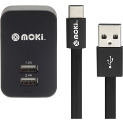 Moki Type-C SynCharge Cable With Wall Charger Black