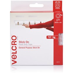 Velcro Brand Hook Only Strip 25mm x 5m Stick On White