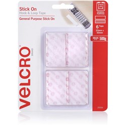 Velcro Brand Hook & Loop 25Mmx50Mm Tape Stick On White Pack Of 6