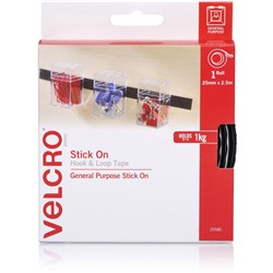 Velcro Brand Hook & Loop 25Mmx2.5M Tape Stick On Black