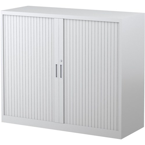 Storage Steelco Tambour Door Cupboard 1015Hx1200Wx463mmD 2 Shelf White SatinOffice Choice